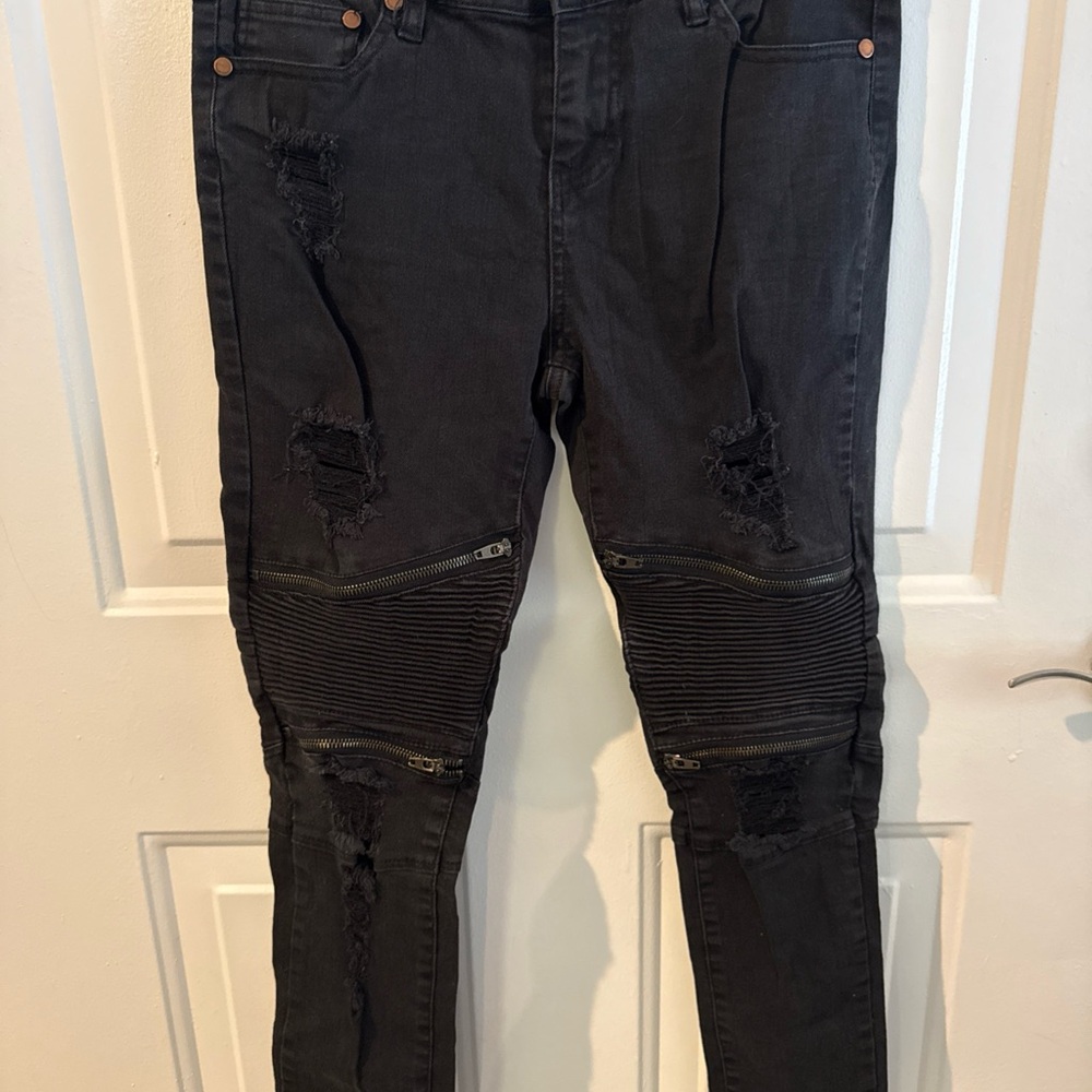 Soho Babe Black Distressed moto Biker Jeans